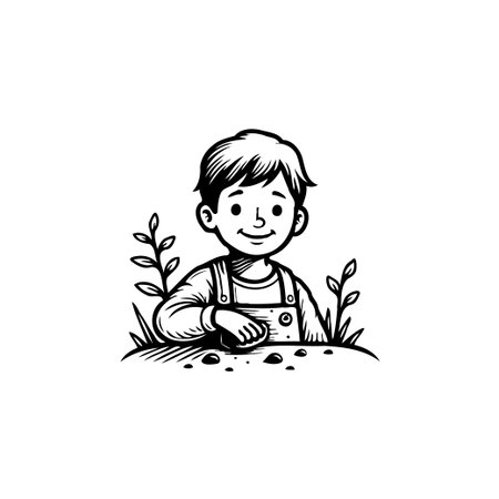 A simple line art illustration depicts a young boy, dressed in overalls, happily planting seeds. He is surrounded by small sprouts and appears to be nurturing the earth, suggesting concepts ofのイラスト素材