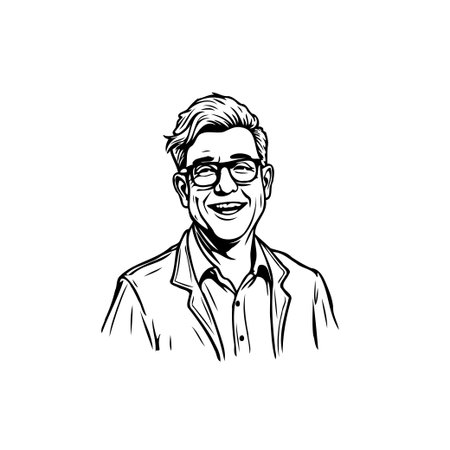 A minimalist line art portrait showcases a smiling man with glasses, exuding confidence and approachability. The clean lines and monochrome palette give the image a modern and sophisticated feel,のイラスト素材
