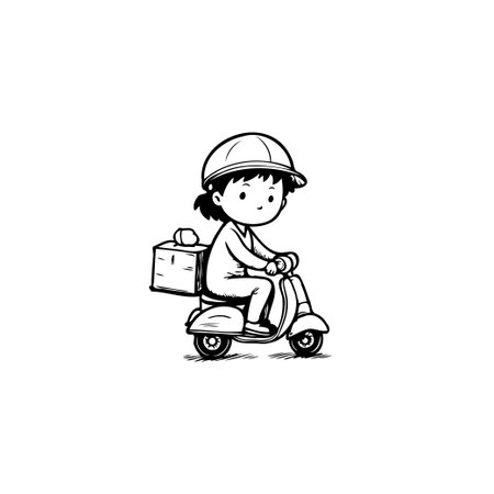 An adorable illustration shows a delivery person riding a scooter, carrying a box. This line art style is perfect for conveying speed and convenience. This conveys the ease and fun of fastのイラスト素材