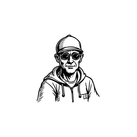 Monochromatic portrait showcases a mature man, sporting sunglasses and a cap, exuding casual confidence. The illustrative style is enhanced by fine lines that capture the texture of his skin andのイラスト素材