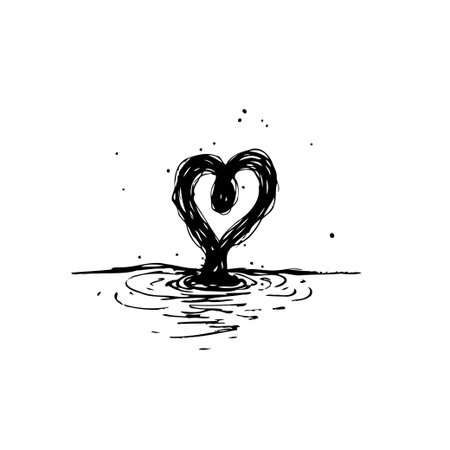 A stylized heart silhouette reflects on tranquil water, creating an artistic and evocative image. The monochromatic palette accentuates the emotional depth, conveying themes of love, serenity, andのイラスト素材