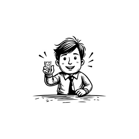 An expressive animated illustration showcasing a young boy dressed in formal attire, enthusiastically holding up a small picture or card. The image radiates positivity and excitement, conveying aのイラスト素材