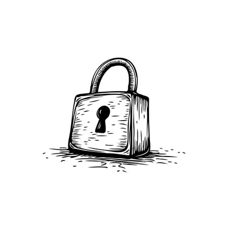 A monochrome illustration shows a padlock featuring detailed shading. This artwork presents a vintage aesthetic, symbolizing security, protection, and privacy. The intricate hatch pattern highlightsのイラスト素材