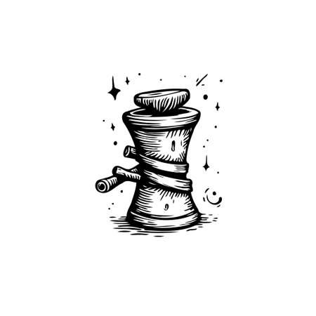 A whimsical illustration presents an unusual hourglass-like device, encircled by a winding element set against a starlit backdrop. The detailed texture and antiquated style evoke a sense ofのイラスト素材