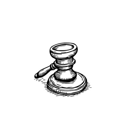 A hand-drawn ink illustration features a gavel, symbolizing justice, law, and authority. This image evokes themes of legal proceedings, judicial systems, and the pursuit of fair decisions in aのイラスト素材