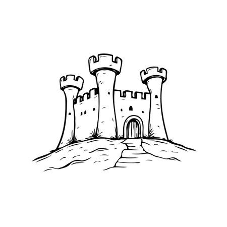 This is a linear drawing of a castle standing proudly atop a sloping hill. The illustration captures the fortress's impressive architecture and imposing structure, with its towering turrets andのイラスト素材