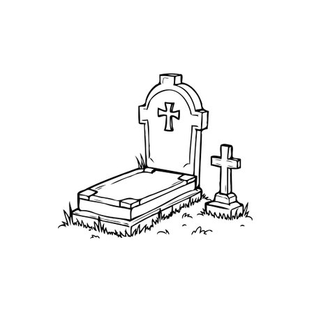 Simple line art illustration of a grave with cross and grass, depicting a quiet scene in a graveyard. It evokes feelings of remembrance, reflection, and the solemnity associated with death andのイラスト素材
