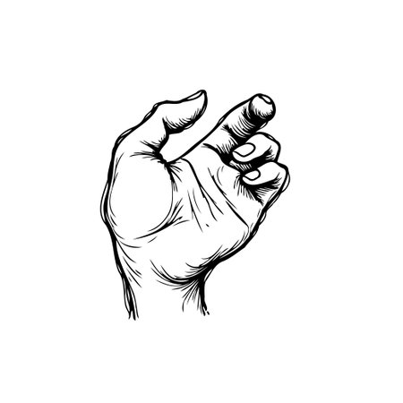 Illustration showcases a meticulously drawn human hand in a gentle grasping gesture, ideal for adding detailed anatomical precision, conceptual precision, and symbolic elements. The hand is isolatedのイラスト素材