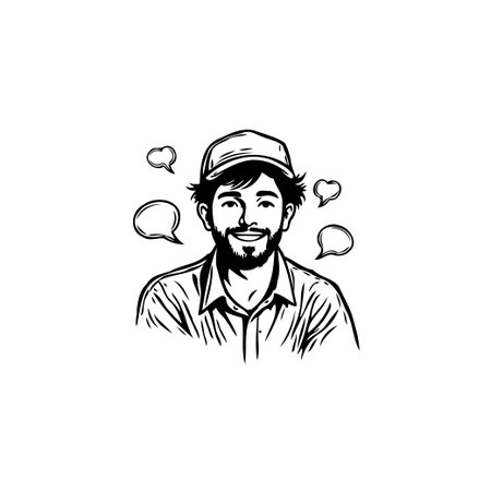 A hand-drawn sketch depicts a smiling young man with a cap, surrounded by thought bubbles. The...