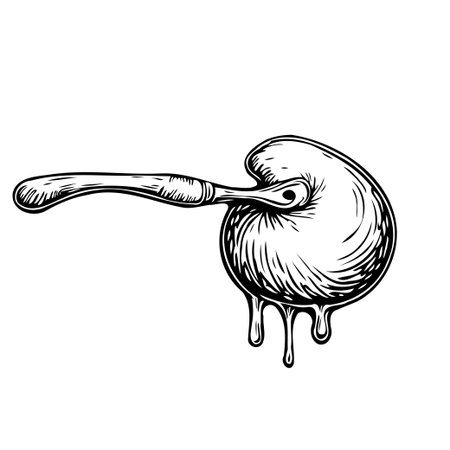 An artistic monochrome illustration featuring a dessert spoon. The sketch style and dripping liquid create a unique visual, ideal for representing culinary themes, recipes, or gourmet food concepts.のイラスト素材