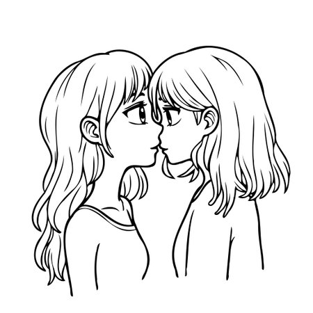 A simple yet evocative monochrome illustration captures the intimate moment between two young women. The art highlights their affectionate bond, displaying their friendship and support with gentleのイラスト素材
