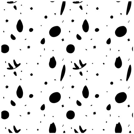 This abstract monochrome seamless pattern features a variety of shapes, including dots, stars, and organic forms. The design creates a visually interesting and versatile background suitable forのイラスト素材