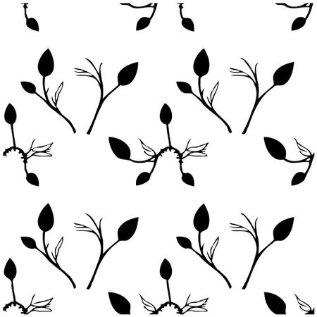 An elegant botanical pattern showcasing the simplicity and elegance of small sprouting leaves on a seamless white background. The monochrome design creates a timeless feel for a variety ofのイラスト素材