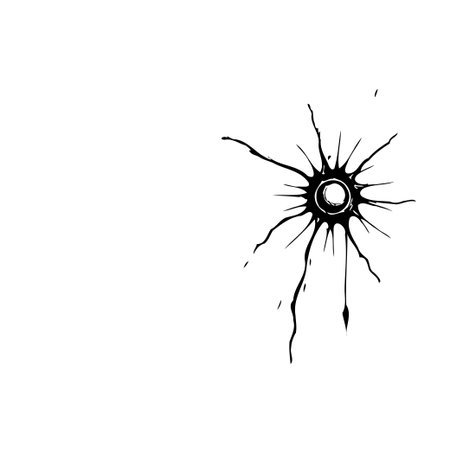 An abstract black splatter design on a white background evokes a sense of dynamic energy and impact, suggesting an explosion, burst, or radial force. The design uses a radial pattern of ink-likeのイラスト素材