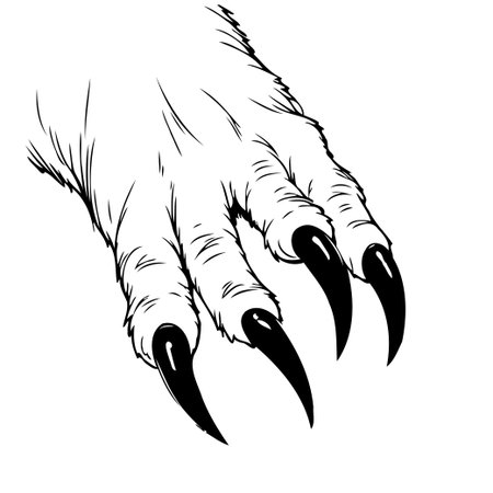 A vector illustration depicts a monstrous claw with long, sharp nails, conveying a sense of danger and fear. The black and white rendering enhances its intimidating appearance, perfect for fantasyのイラスト素材