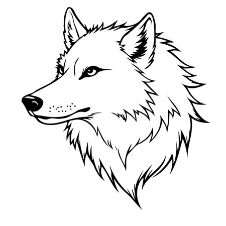 Detailed black and white illustration of a wolf head, showcasing its sharp features and fur texture. The design is clean and modern, making it suitable for various creative projects, evoking a senseのイラスト素材
