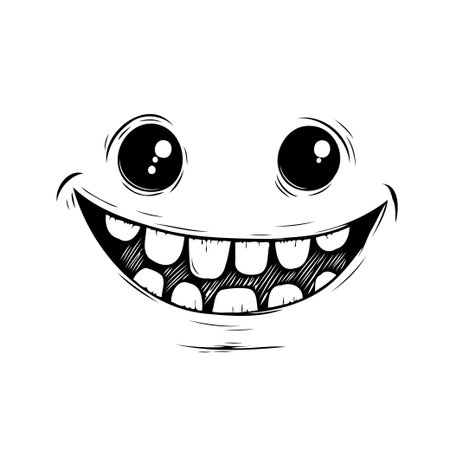 A simple yet expressive cartoon face with an exaggerated smile. The illustration focuses on the detail of the teeth and the overall cheerfulness of the character, rendered in a clean, monochromaticのイラスト素材
