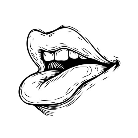 This expressive line drawing portrays a sensual pair of lips with a teasingly extended tongue. The detailed sketch captures a bold yet refined aesthetic, suitable for a variety of creativeのイラスト素材