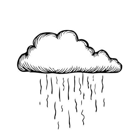 A hand-drawn illustration portrays a stylized cloud releasing rain. The drawing features simple, elegant lines, capturing a sense of weather phenomena with an artistic interpretation. Theのイラスト素材
