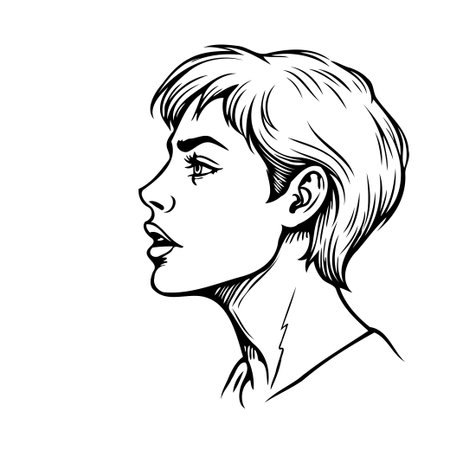 A delicate monochrome portrait sketch depicts a young woman in profile, her short hair framing a face that holds a contemplative expression. The artwork skillfully employs clean lines to capture herのイラスト素材