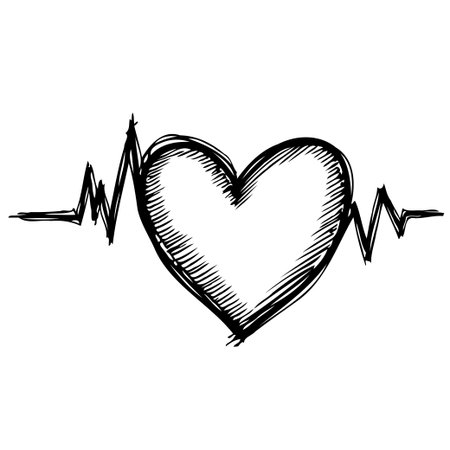 A hand-drawn heart with a heartbeat line illustration on a clean white background. An artistic visual conveying feelings, vitality, love, and the essence of health and well-being. This symbolizesのイラスト素材