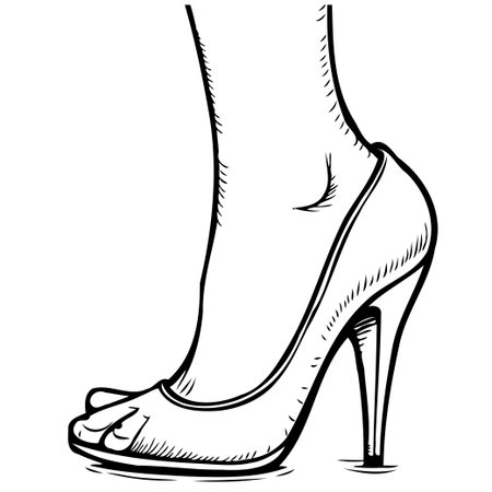 A sleek black and white drawing of a woman's foot gracefully poised in a high heel shoe, symbolizing sophistication and fashion-forward style. This image captures the essence of feminine eleganceのイラスト素材