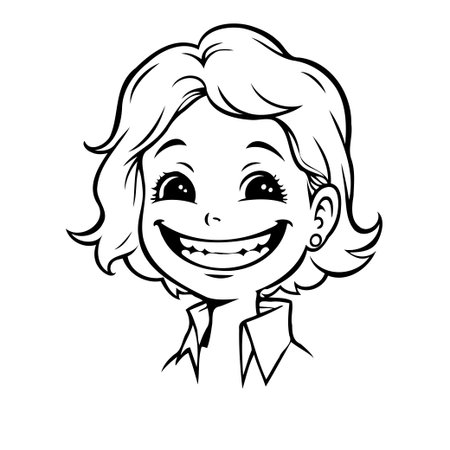 A delightful monochrome illustration showcases a happy girl with a cheerful smile. This positive design captures her youthful energy and optimistic outlook, making it perfect for adding a touch ofのイラスト素材