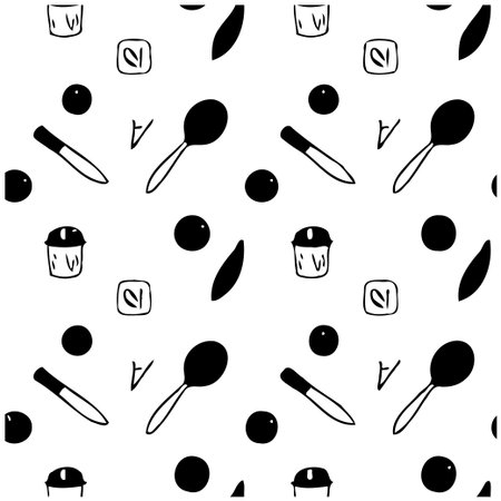 A playful and simple seamless pattern showcasing a variety of culinary utensils and small food elements. The black and white design creates a clean and modern aesthetic, perfect for backgrounds,のイラスト素材