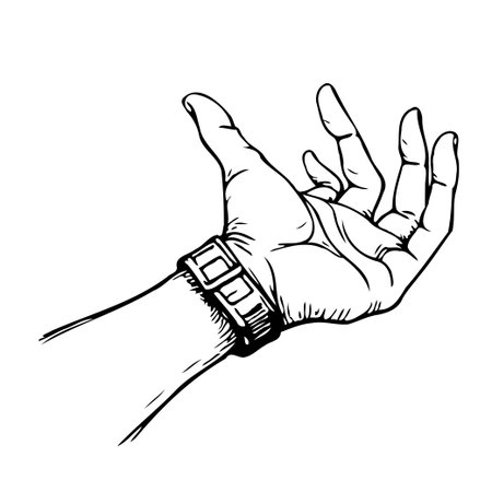 A minimalist monochrome illustration of an outstretched hand with a bracelet, as if offering or presenting an unseen object, suggesting potential for display, proposal, or conceptual grasping.のイラスト素材