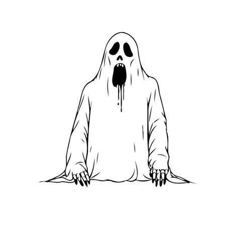 Illustration of a spooky ghost. The image portrays a phantomlike figure emerging with an expression of terror, designed to evoke the eerie and unsettling sensations of horror, perfect for halloweenのイラスト素材