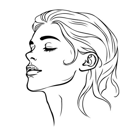 A minimalist and graceful line art portrait of a serene woman. The elegant drawing captures the beauty and tranquility of the female face, showcasing refined features in a clean, contemporary style.のイラスト素材