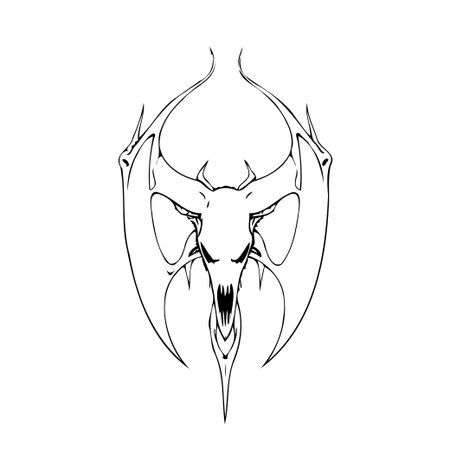A stylized line art illustration presents an abstract gothic creature with prominent horns teeth and claws. The symmetrical design is isolated against a white background creating a strikingのイラスト素材