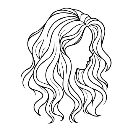 A graceful line art illustration features a woman's silhouette, emphasizing her flowing, wavy hair. This elegant monochrome design highlights the beauty of simplicity and abstract form. Perfect forのイラスト素材