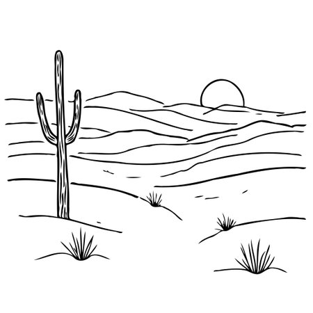 An original hand-drawn illustration depicts a sparse desert landscape featuring a prominent saguaro cactus in the foreground, with undulating dunes and a setting sun suggesting a tranquil, remoteのイラスト素材