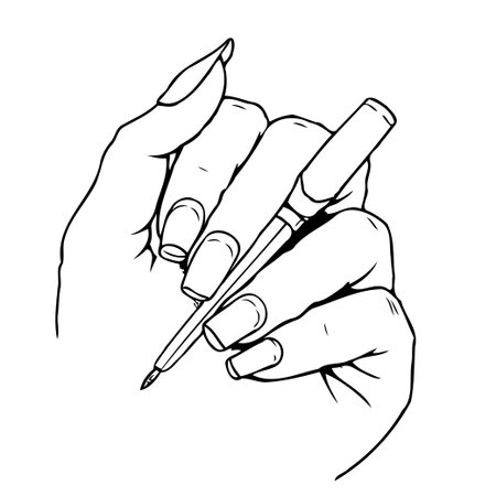 Elegant hand with long manicured nails delicately holds a pen, suggesting writing, drawing, or creative expression. A minimalist black and white line drawing embodies modern artistic taste. Theのイラスト素材