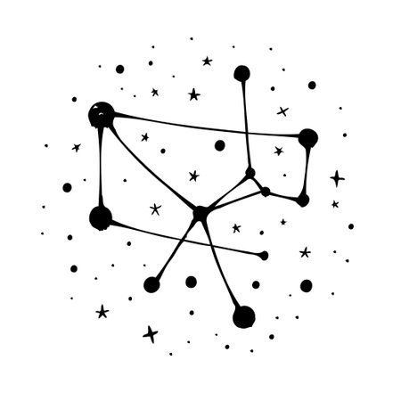 A minimalist illustration of a constellation surrounded by scattered stars evokes a sense of cosmic wonder. The simple line work creates an abstract representation of the celestial alignment,のイラスト素材