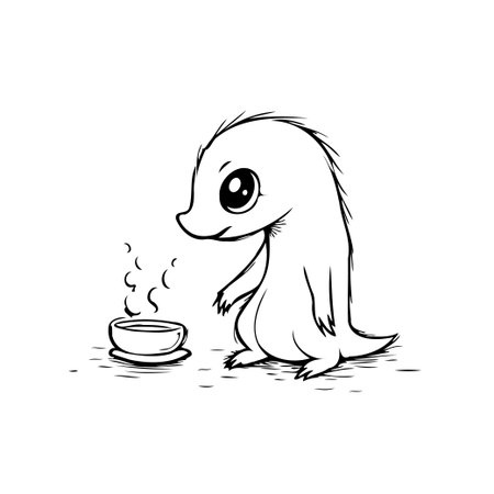 A charming monochrome illustration depicts an endearing cartoon creature fixated on a steaming bowl. The creature's gaze suggests affection and contentment, evoking feelings of warmth, simplicityのイラスト素材