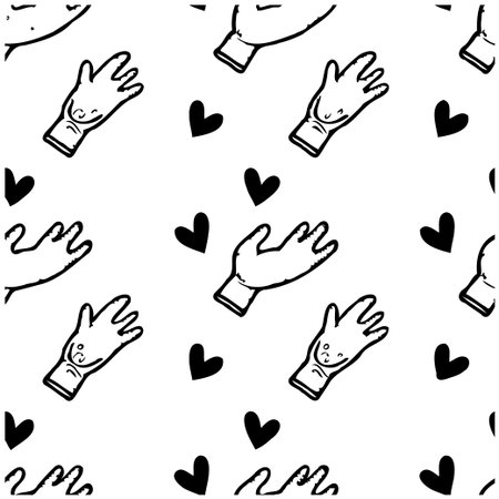 This delightful vector graphic presents a continuous arrangement of hand outlines interspersed with solid hearts, ideal as background for artistic projects or romantic stationery. Each hand andのイラスト素材