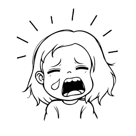 A simple black and white cartoon drawing showcases a young girl in profound distress. With tears streaming down her face and a mouth agape in sorrow, the image encapsulates feelings of unhappiness,のイラスト素材