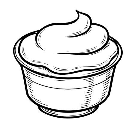 A meticulously crafted illustration presents a creamy dessert nestled inside a bowl, characterized by graceful swirls, adding a touch of artistry, enhancing its visual allure. The monochromaticのイラスト素材
