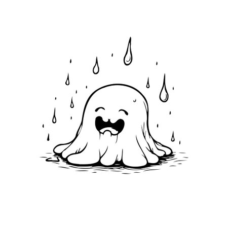 This charming drawing presents a cheerful cartoon ghost beneath playful raindrops. Its friendly smile and simple design make it ideal for Halloween projects, whimsical illustrations, or any creationのイラスト素材