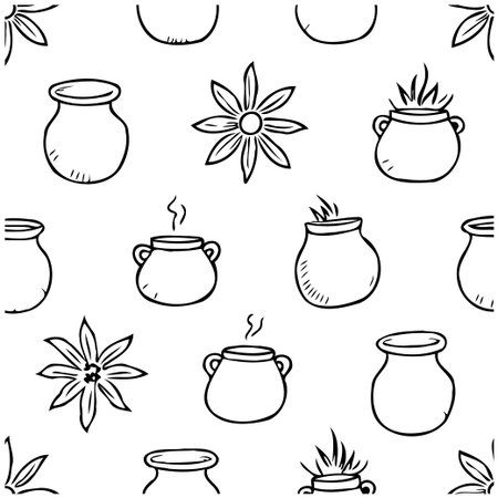 Delicate, hand-drawn illustration displaying an elegant and seamless arrangement of stylized pottery containers intertwined with floral and foliage elements on white backdrop. This pattern isのイラスト素材