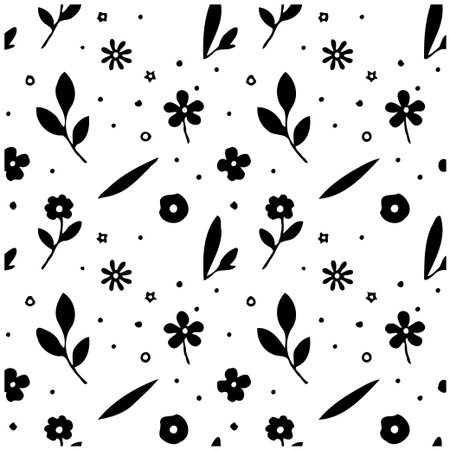 A minimalistic monochrome seamless pattern with botanical and floral elements. Ideal for backgrounds, textile designs, and decorative projects. The repeated motif features stylized leaves andのイラスト素材
