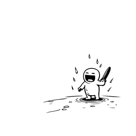 A charming monochrome drawing depicts a tiny cartoon character enthusiastically splashing in a puddle during a rain shower. The character expresses pure delight through its open-mouthed smile,のイラスト素材