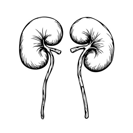 This meticulously crafted ink drawing showcases a pair of kidneys, highlighting the complex structure and essential function of these vital organs within the human body. A detailed representationのイラスト素材