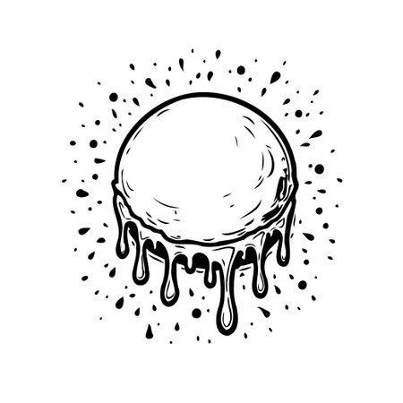 A monochrome abstract illustration showcases a melting sphere with dripping elements, evoking fluidity and dynamism. The design, rendered in black and white, features graphic shapes and splatterのイラスト素材