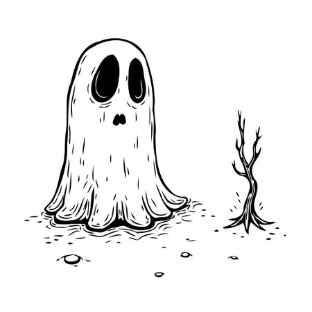 A monochrome illustration presents a friendly yet slightly spooky ghost standing next to a solitary, dead tree. This whimsical scene creates an eerie atmosphere, perfect for Halloween-themed designsのイラスト素材