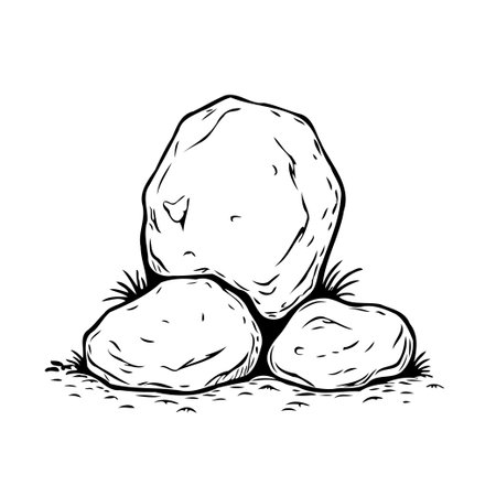 Detailed black and white sketch featuring a cluster of stones surrounded by tufts of grass. The illustration provides a simple yet visually appealing design. Can be used as elements forのイラスト素材