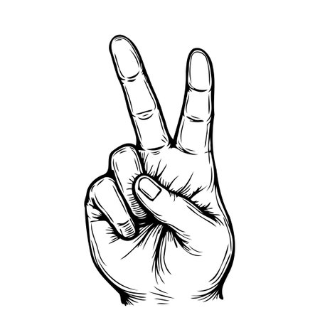 A finely detailed illustration presents a hand making the peace sign, symbolizing harmony and optimism. This graphic conveys a message of unity, cooperation, and positive thinking, ideal for designsのイラスト素材