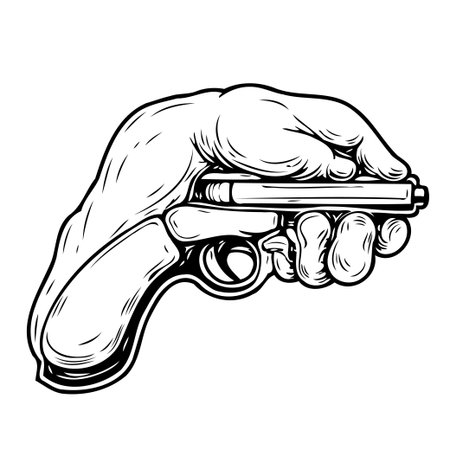 This illustration depicts a hand firmly holding a stylized pistol. The stark black and white design creates a sense of intensity and focus on the act of holding the weapon. Evokes feelings of power,のイラスト素材